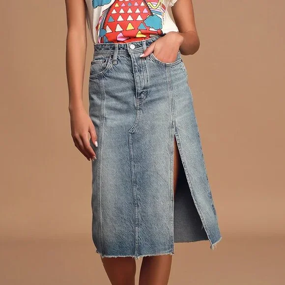 Free People - Mambo Light Wash Denim Midi Skirt (Size 31) - Picture 2 of 5